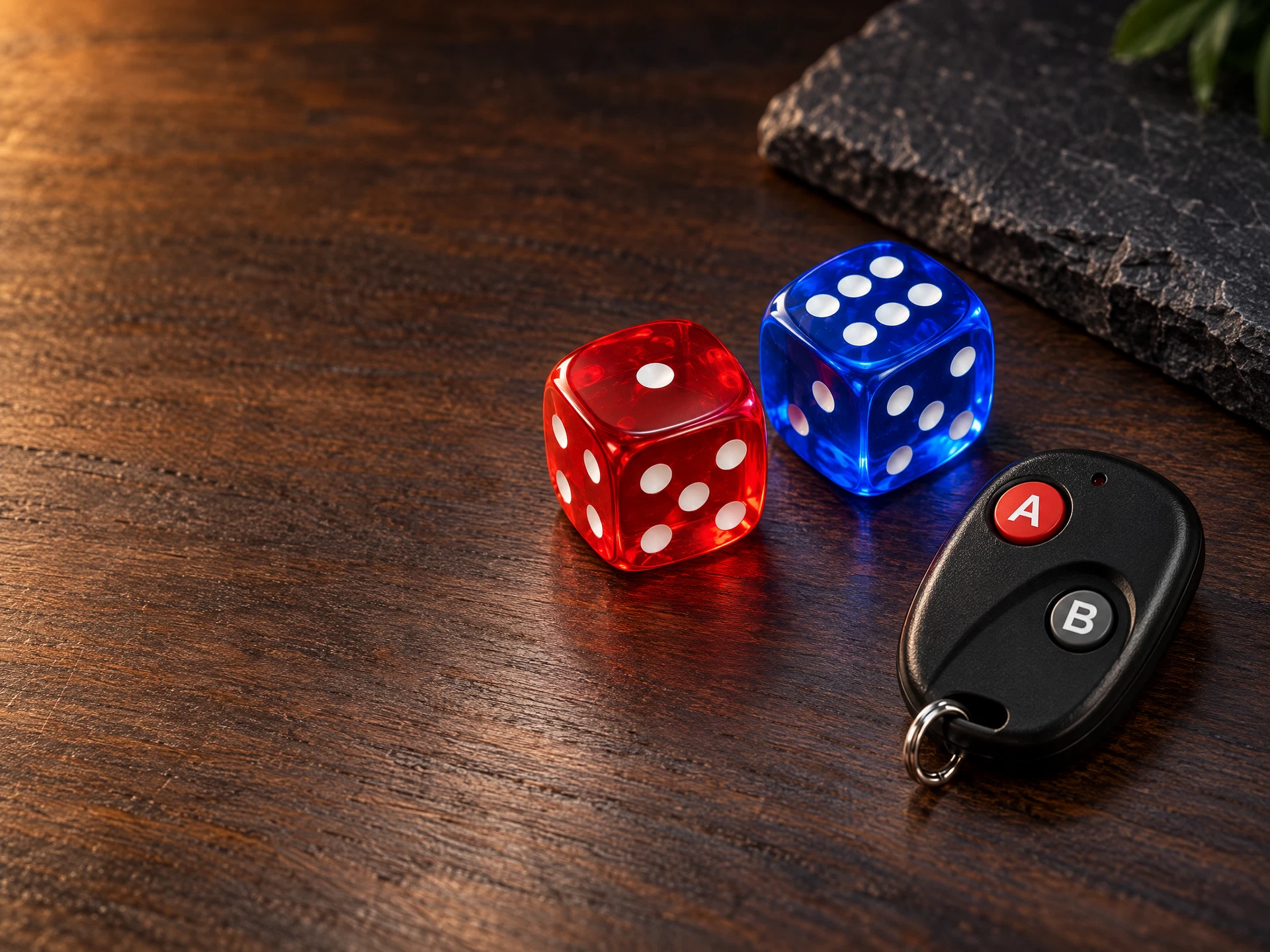 Red and blue remote-control dice next to the A/B remote